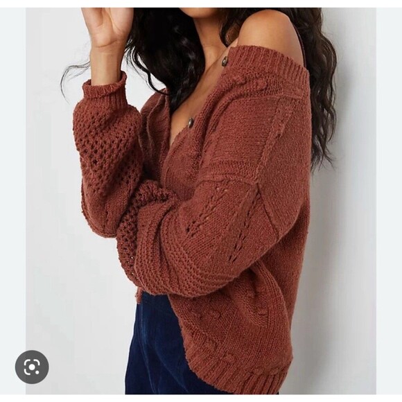 Anthropologie Pilcro Diana Cropped Cable Knit Cardigan Sweater Large Copper - Picture 1 of 12